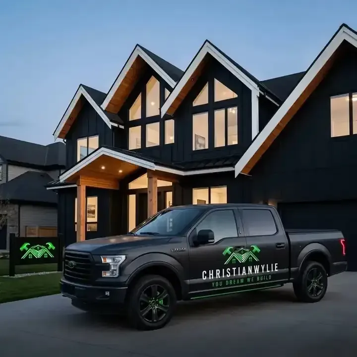 Christian Wylie LLC truck at a finished custom home