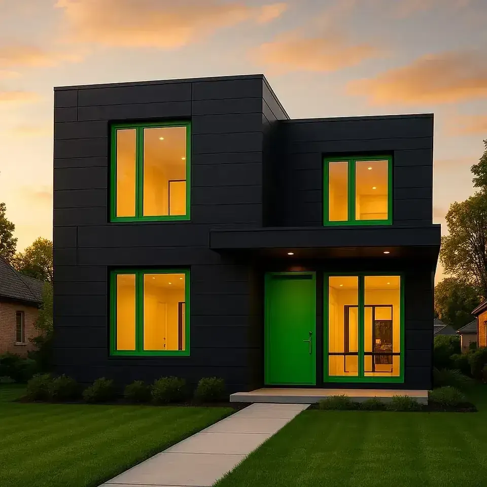 Modern dark-clad custom home with bright windows at dusk