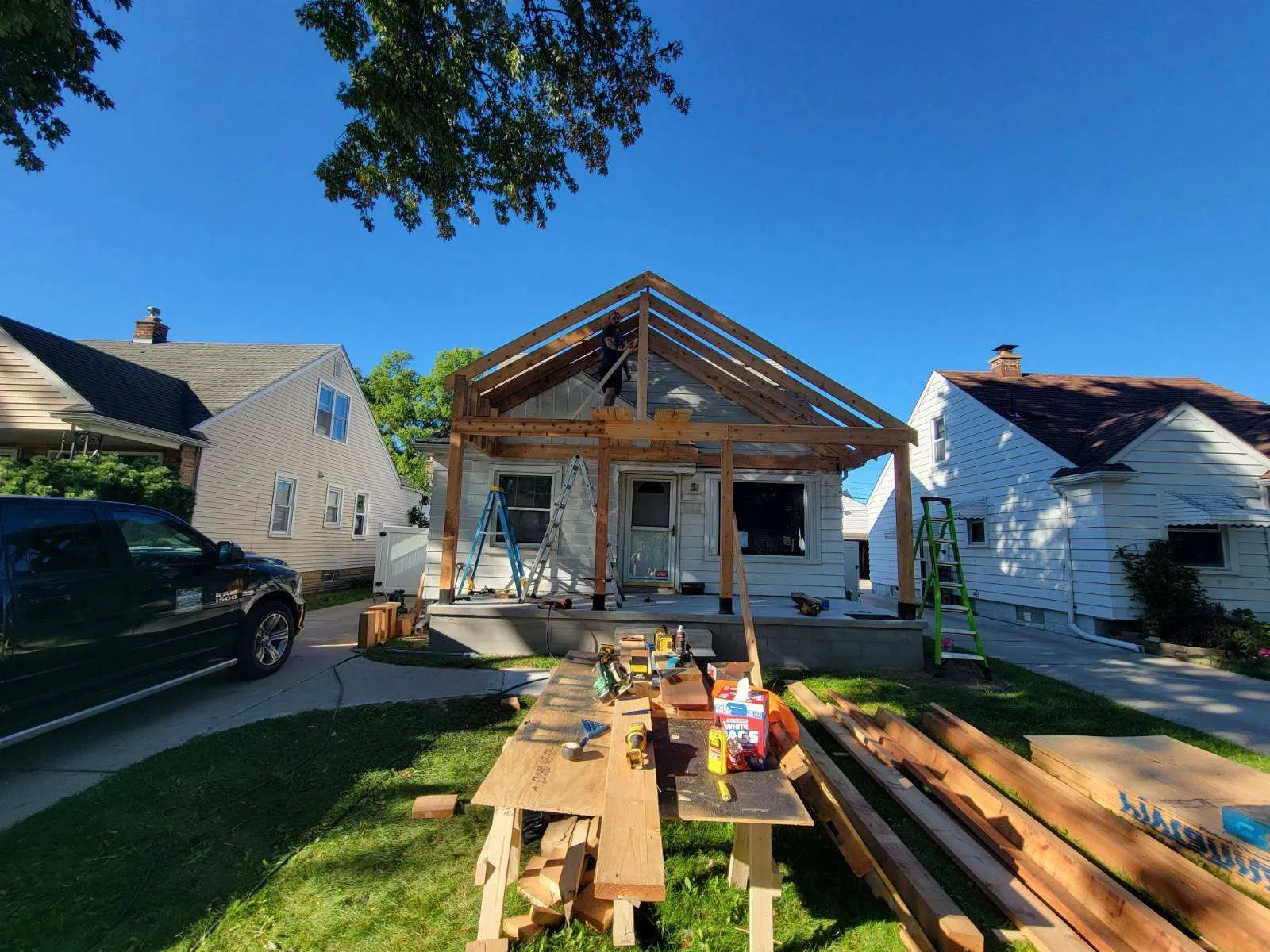 Framing in progress on a home addition
